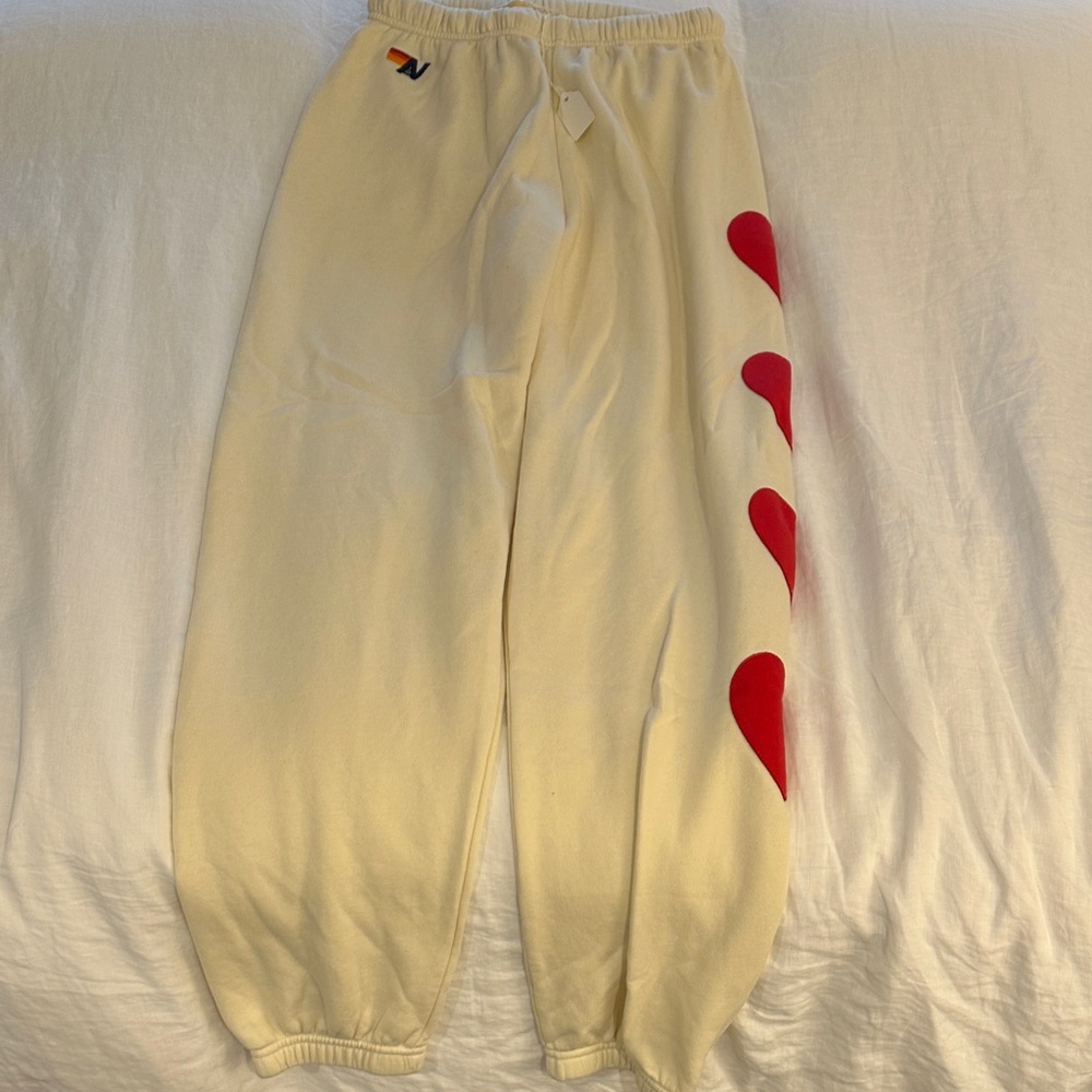 Aviator Nation Cream Joggers with Red Heart Accents